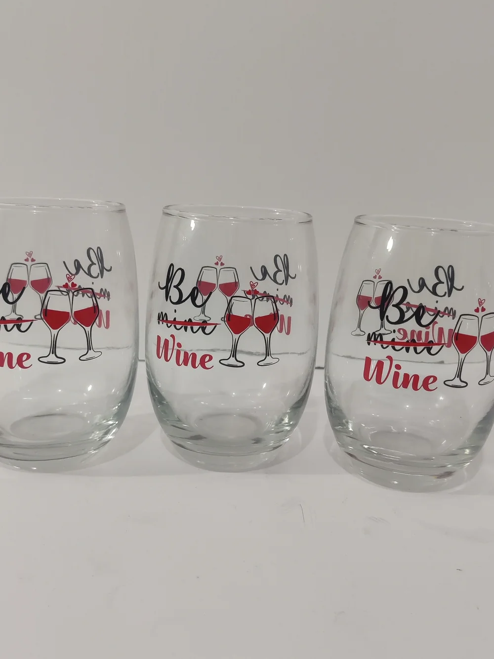 Be Mine Stemless Wine Glasses - Clear with Red Accent - Set of 3